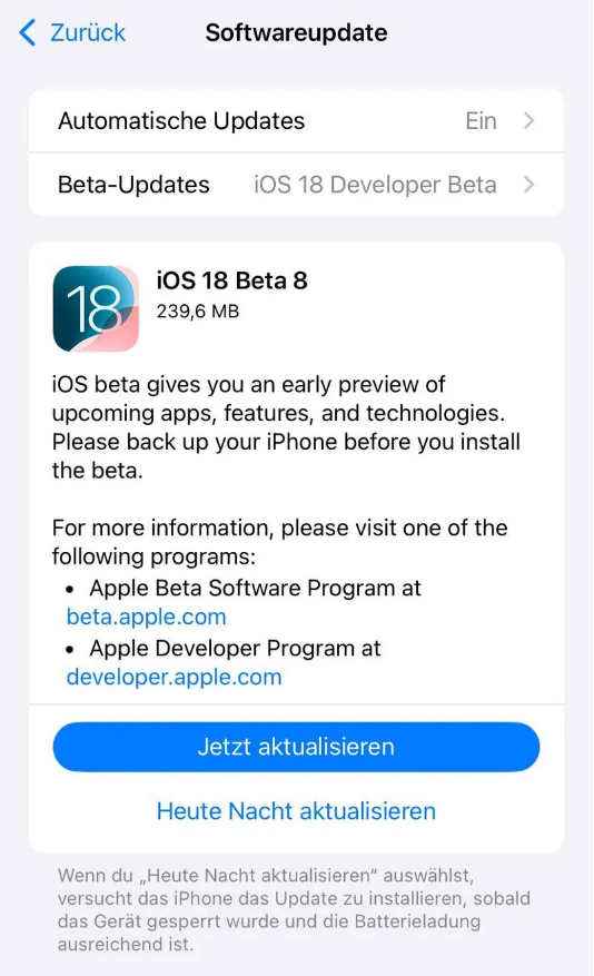 吉安苹果手机维修分享苹果 iOS / iPadOS 18 开发者预览版 Beta 8 发布 